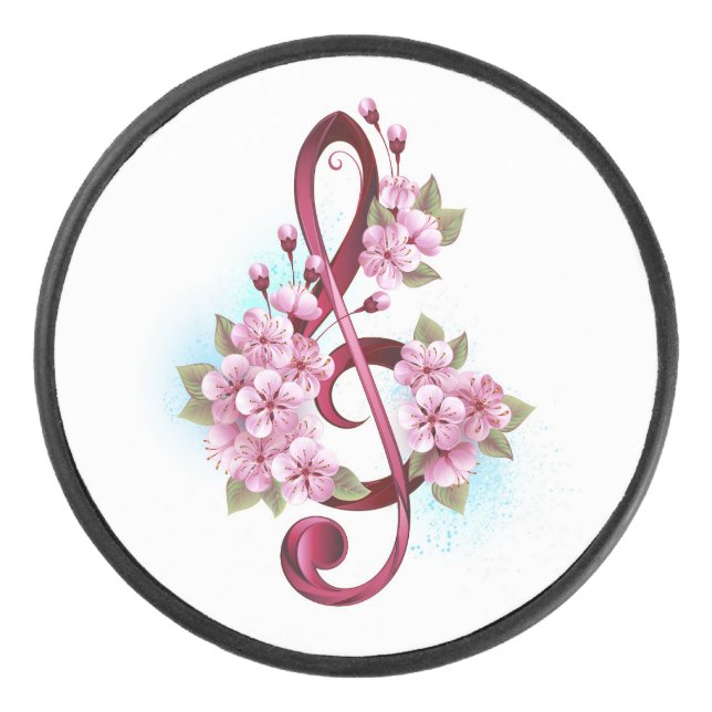 Musical treble clef notes with Sakura flowers Hockey Puck (Front)