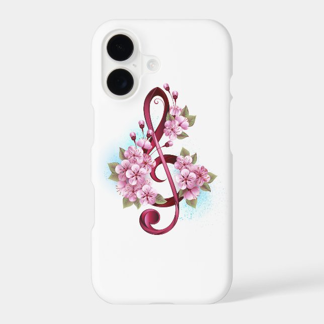 Musical treble clef notes with Sakura flowers iPhone Case (Back)