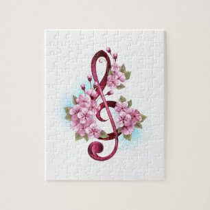Musical treble clef notes with Sakura flowers Jigsaw Puzzle