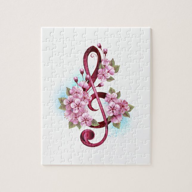 Musical treble clef notes with Sakura flowers Jigsaw Puzzle (Vertical)
