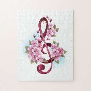 Musical treble clef notes with Sakura flowers Jigsaw Puzzle