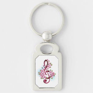 Musical treble clef notes with Sakura flowers Keychain