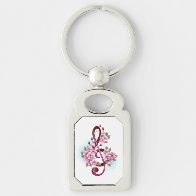 Musical treble clef notes with Sakura flowers Keychain (Front)
