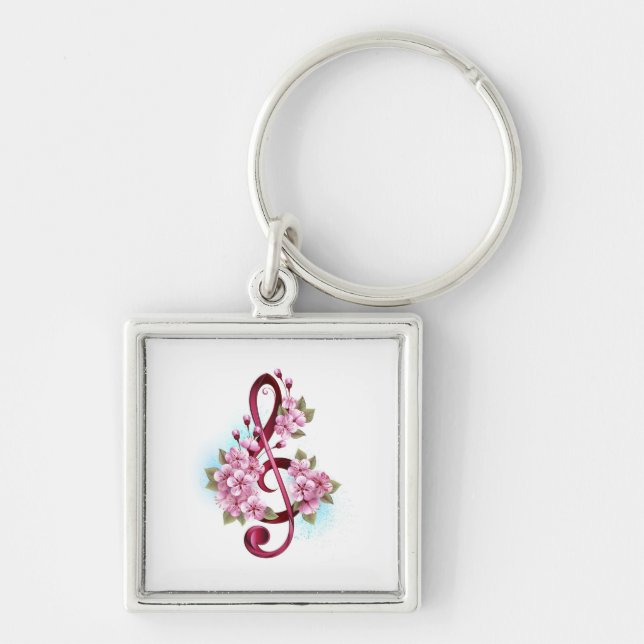 Musical treble clef notes with Sakura flowers Keychain (Front)