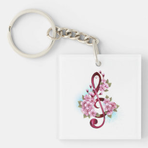 Musical treble clef notes with Sakura flowers Keychain