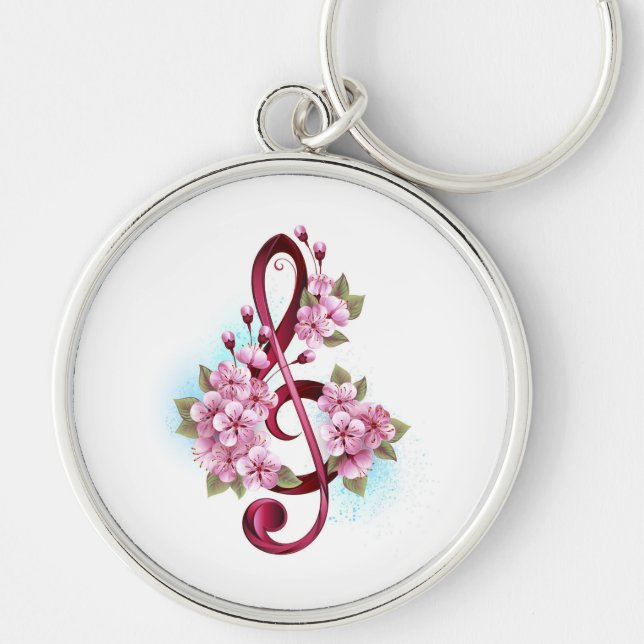 Musical treble clef notes with Sakura flowers Keychain (Front)