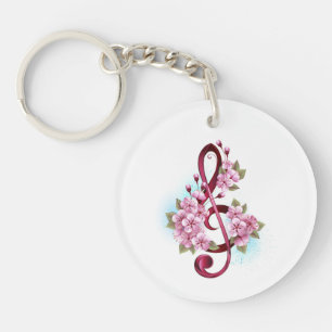Musical treble clef notes with Sakura flowers Keychain
