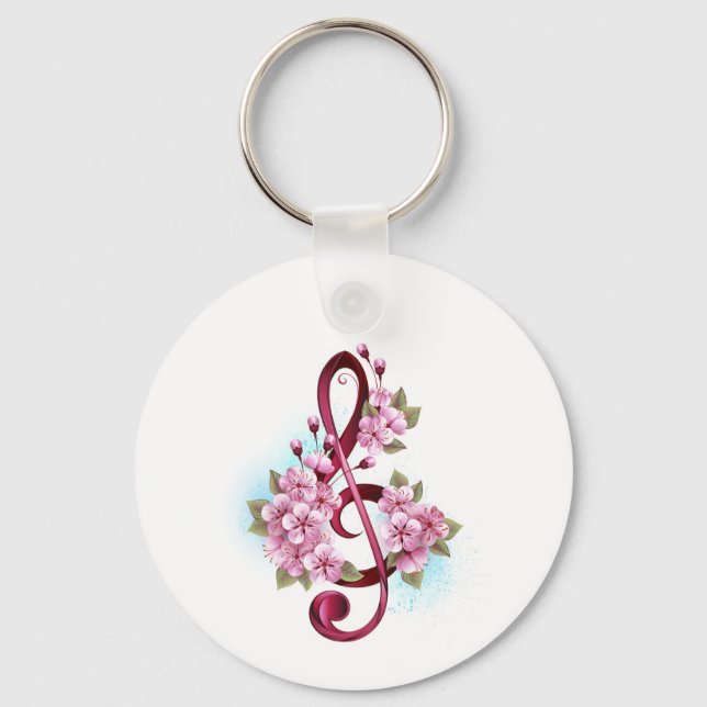 Musical treble clef notes with Sakura flowers Keychain (Front)