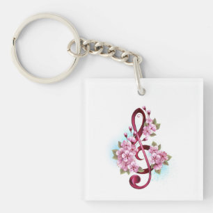 Musical treble clef notes with Sakura flowers Keychain