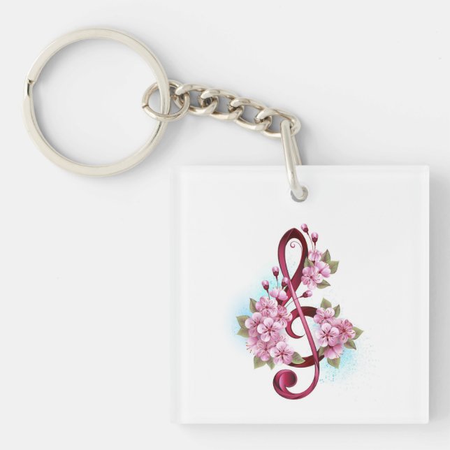 Musical treble clef notes with Sakura flowers Keychain (Front)