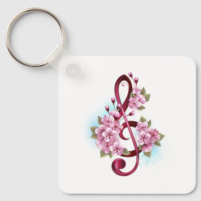 Musical treble clef notes with Sakura flowers Keychain (Front)