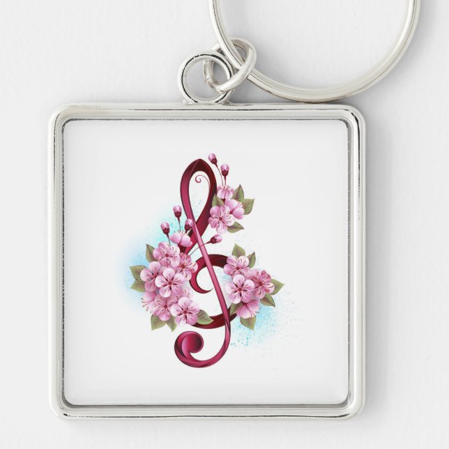 Musical treble clef notes with Sakura flowers Keychain (Front)