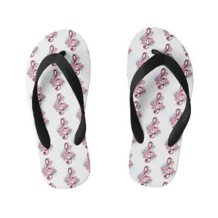 Musical treble clef notes with Sakura flowers Kid's Flip Flops