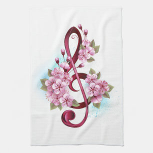 Musical treble clef notes with Sakura flowers Kitchen Towel
