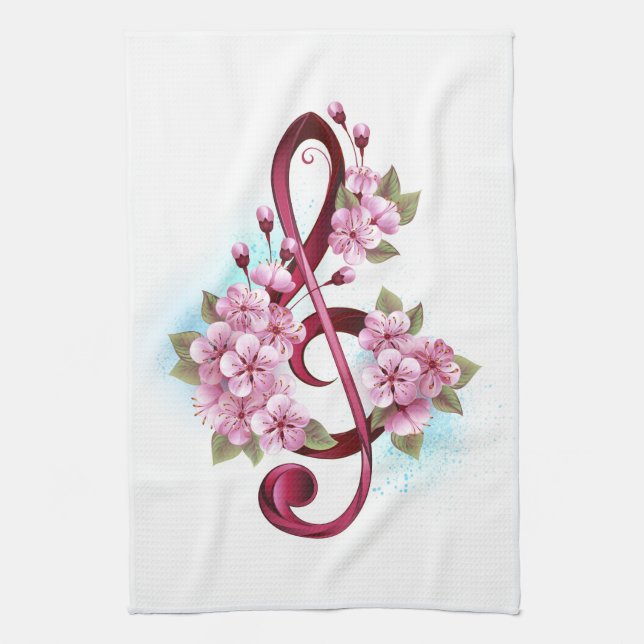 Musical treble clef notes with Sakura flowers Kitchen Towel (Vertical)