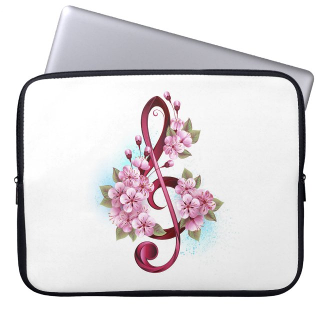 Musical treble clef notes with Sakura flowers Laptop Sleeve (Front)