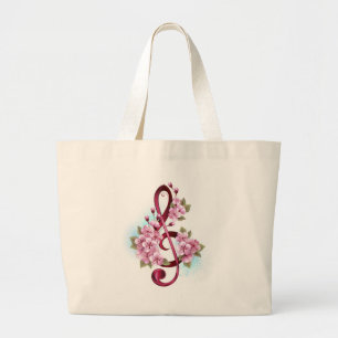 Musical treble clef notes with Sakura flowers Large Tote Bag