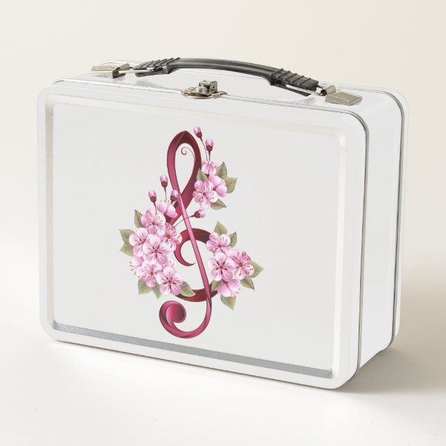 Musical treble clef notes with Sakura flowers Metal Lunch Box (Front)