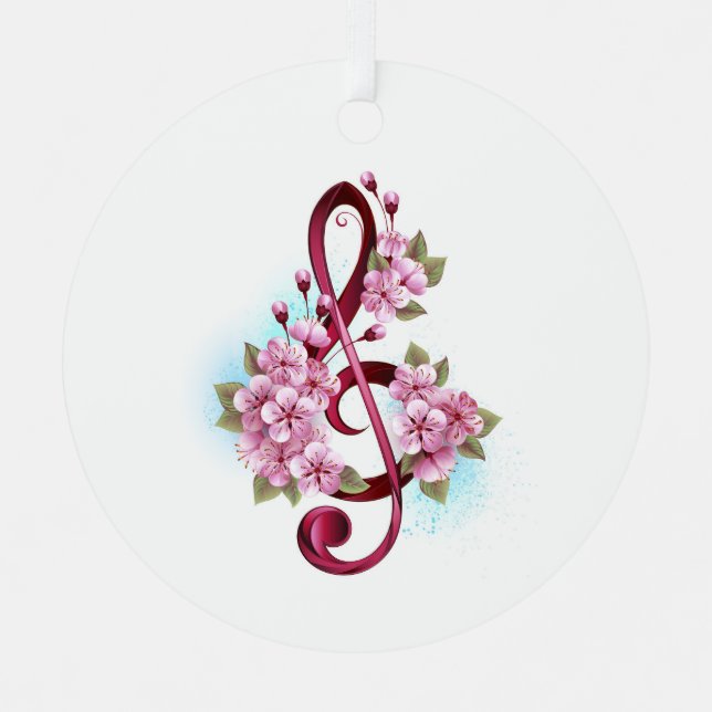 Musical treble clef notes with Sakura flowers Metal Ornament (Front)