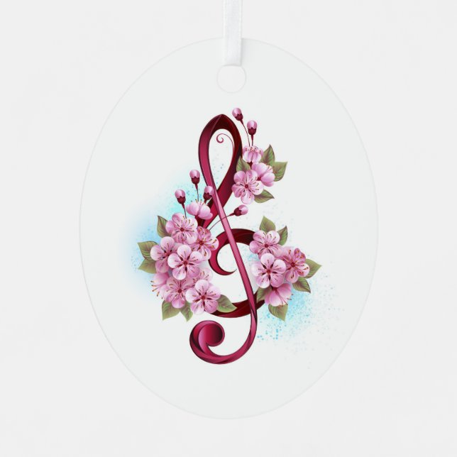 Musical treble clef notes with Sakura flowers Metal Ornament (Front)