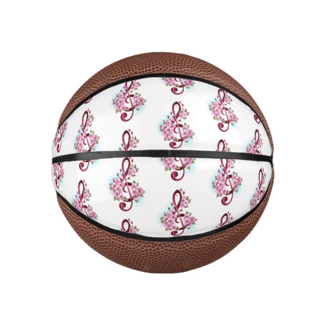 Musical treble clef notes with Sakura flowers Mini Basketball (Front)