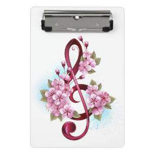 Musical treble clef notes with Sakura flowers Mini Clipboard
