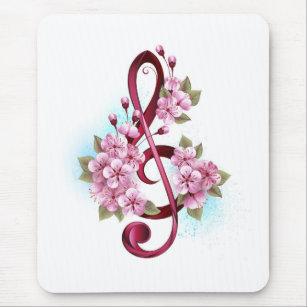 Musical treble clef notes with Sakura flowers Mouse Pad