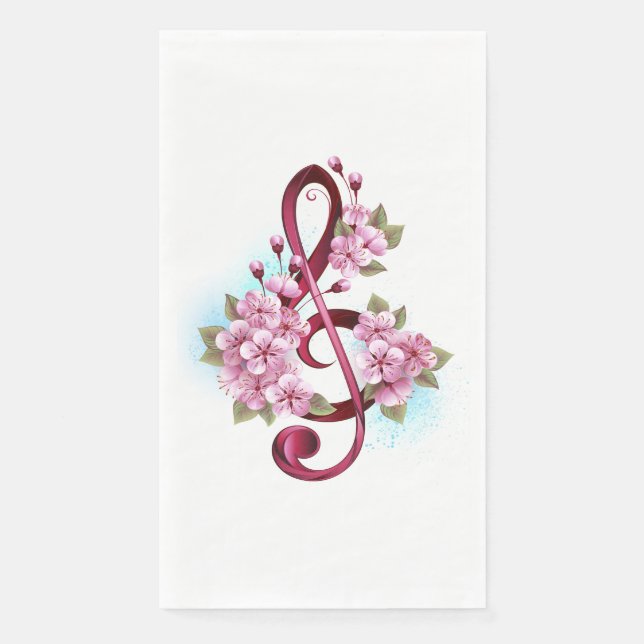 Musical treble clef notes with Sakura flowers Napkin (Front)