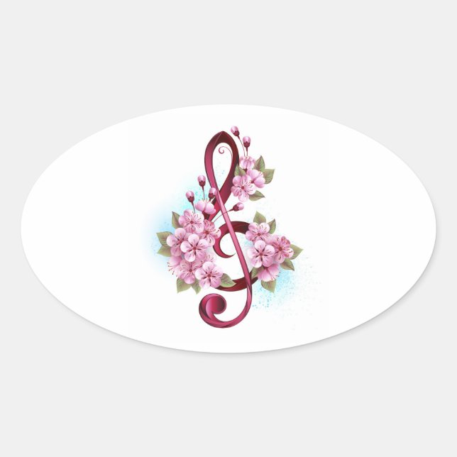 Musical treble clef notes with Sakura flowers Oval Sticker (Front)