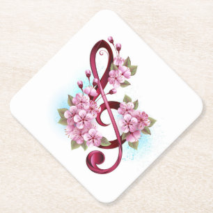 Musical treble clef notes with Sakura flowers Paper Coaster