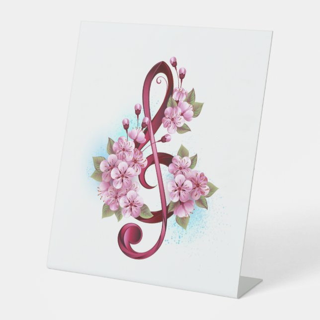 Musical treble clef notes with Sakura flowers Pedestal Sign (Front)