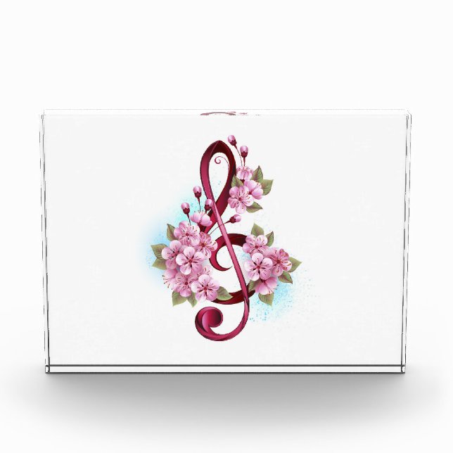 Musical treble clef notes with Sakura flowers Photo Block (Front)