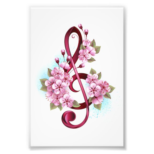 Musical treble clef notes with Sakura flowers Photo Print (Front)