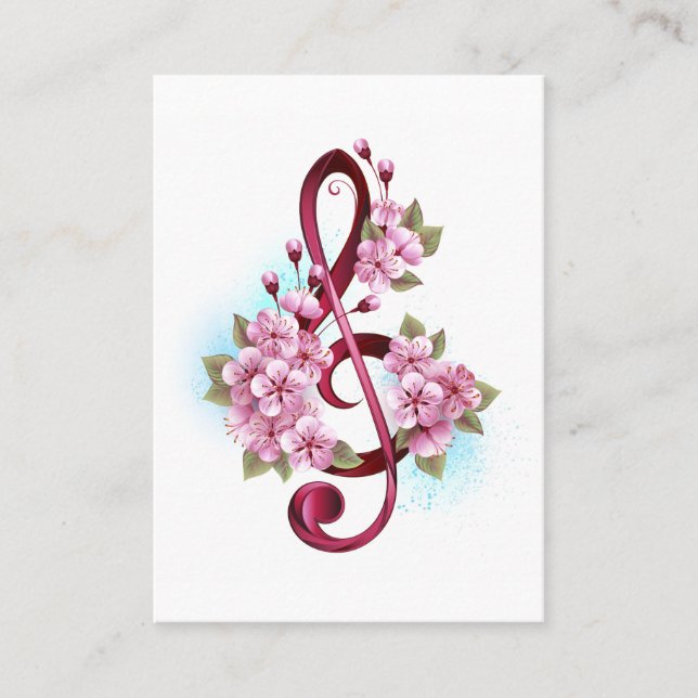 Musical treble clef notes with Sakura flowers Place Card (Front)
