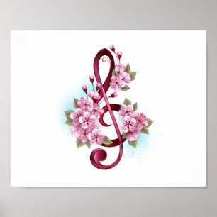 Musical treble clef notes with Sakura flowers Poster