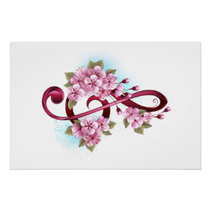 Musical treble clef notes with Sakura flowers Poster