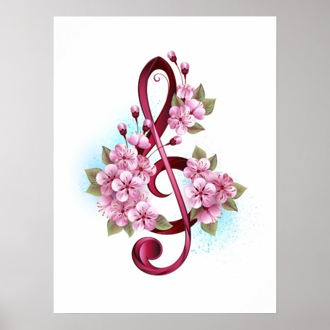 Musical treble clef notes with Sakura flowers Poster (Front)