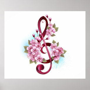 Musical treble clef notes with Sakura flowers Poster