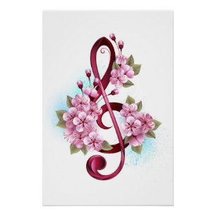 Musical treble clef notes with Sakura flowers Poster