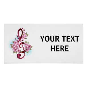 Musical treble clef notes with Sakura flowers Poster