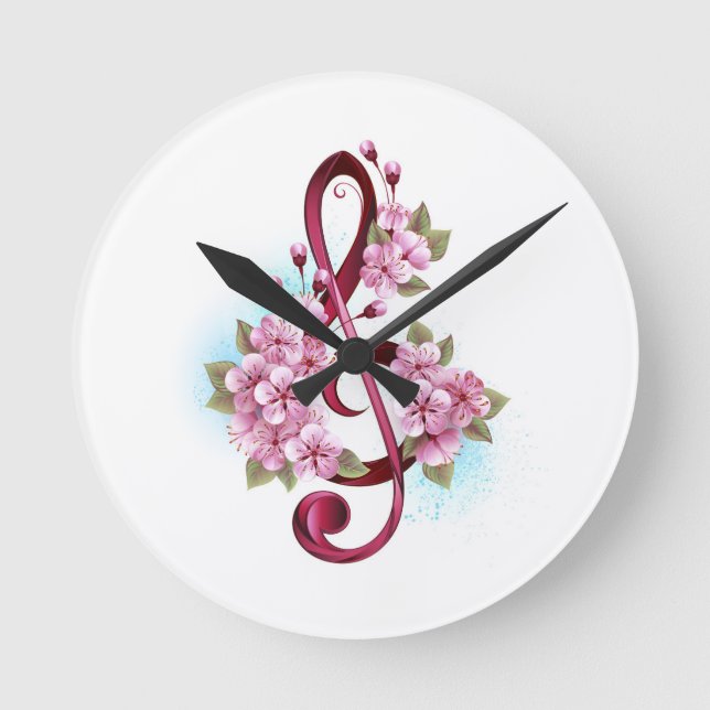 Musical treble clef notes with Sakura flowers Round Clock (Front)