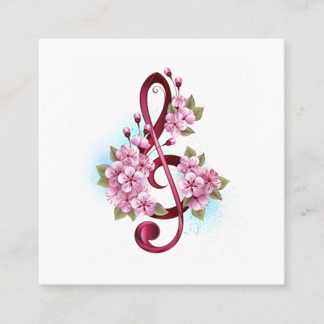 Musical treble clef notes with Sakura flowers Square Business Card (Front)