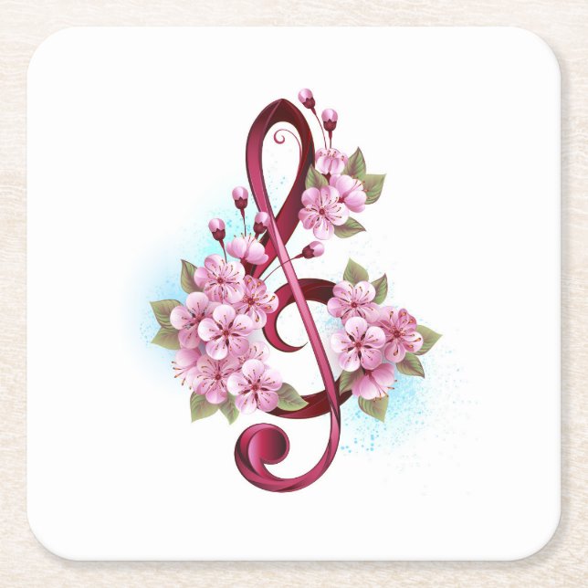 Musical treble clef notes with Sakura flowers Square Paper Coaster (Front)