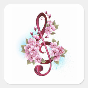 Musical treble clef notes with Sakura flowers Square Sticker