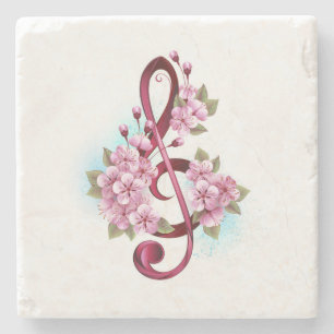 Musical treble clef notes with Sakura flowers Stone Coaster