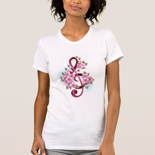 Musical treble clef notes with Sakura flowers T-Shirt (Front)