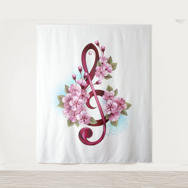 Musical treble clef notes with Sakura flowers Tapestry (Front)