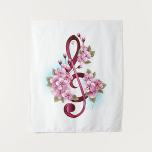 Musical treble clef notes with Sakura flowers Tapestry