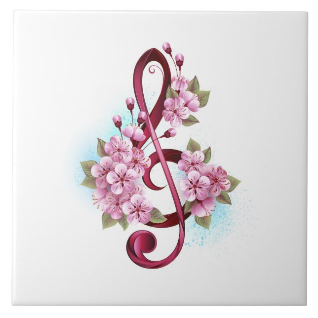 Musical treble clef notes with Sakura flowers Tile (Front)