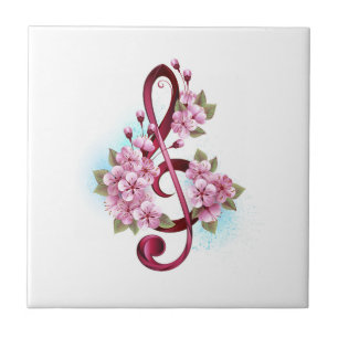Musical treble clef notes with Sakura flowers Tile